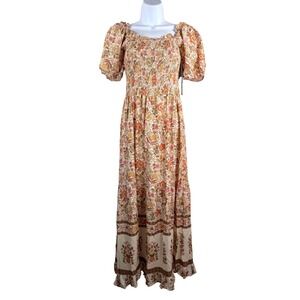 Kindred Floral Maxi Dress Smocked Puff Sleeve cottage core milk maid sz PS